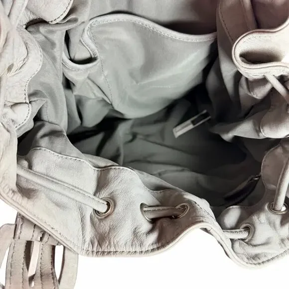 Ann Taylor LOFT Gray Leather Drawstring Shoulder Bag Tassel Slouchy Tote - Picture 13 of 13